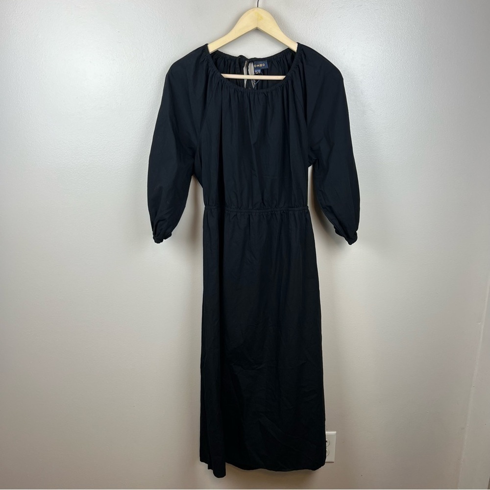 Piombo Midi Dress Size Medium Black Puff Sleeve Open Cut Out Back 100% Cotton